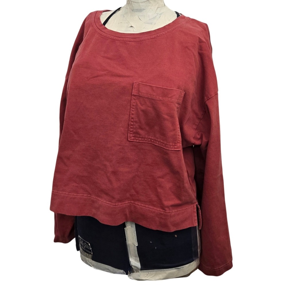 Womens CALIA Red Long Sleeve Cropped Boxy 100‎ Cotton T Shirt Pocket Casual Top